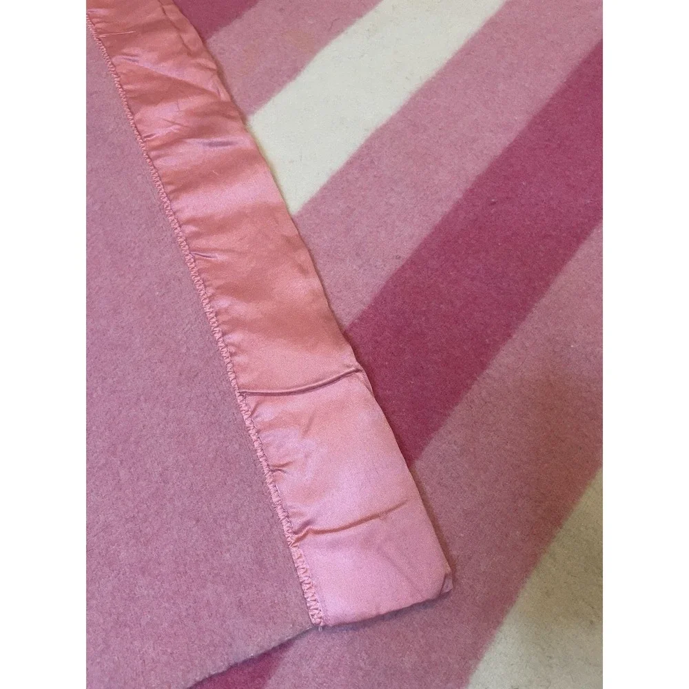 Vtg Baron Woolen Mills Wool Blanket Pink White Stripe Satin Trim 70